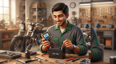 Battery & electrical. Technician testing a two-wheeler battery with tools