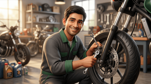 Brake service. Technician servicing motorcycle disc brake