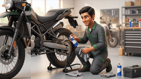 Chain & sprocket. Technician cleaning and adjusting a motorcycle drive chain