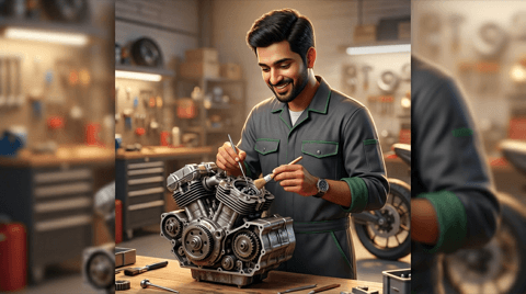 Engine repair. Technician working on a motorcycle engine on a workbench