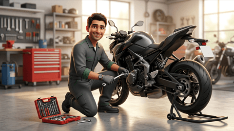 General servicing. Mechanic performing periodic motorcycle service in a clean bay