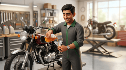 Oil & lubrication. Mechanic pouring engine oil for a motorcycle