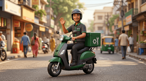 Pickup & drop. Rider on a scooter with service pickup context