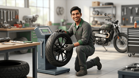 Tyres & wheels. Mechanic with motorcycle wheel and tyre equipment